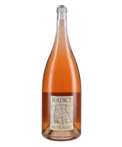 Rosé wine bottle labeled Radice Paltrinieri, standing upright with a map-like label visible