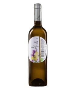Brown glass wine bottle with a white oval label showing purple and yellow flowers on a white background.