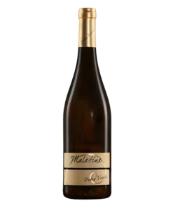 A single wine bottle with a gold foil cap and beige handwritten-style label on a white background, standing upright.