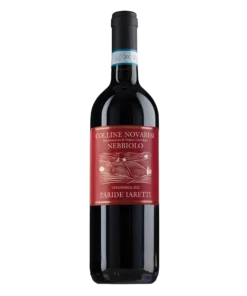 Bottle of Nebbiolo wine with a red label reading Colline Novaresi, Vendemmia 2022, Paride Iaretti.