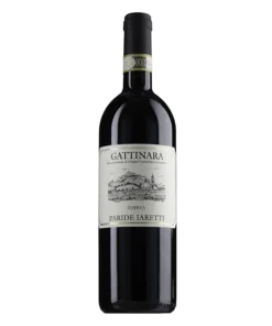 Italian red wine bottle labeled Gattinara Riserva Paride Lauretti with a detailed label illustration on white background